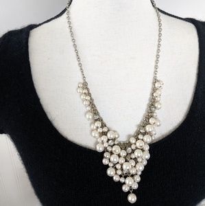 Layered pearl, rhinestone silver necklace